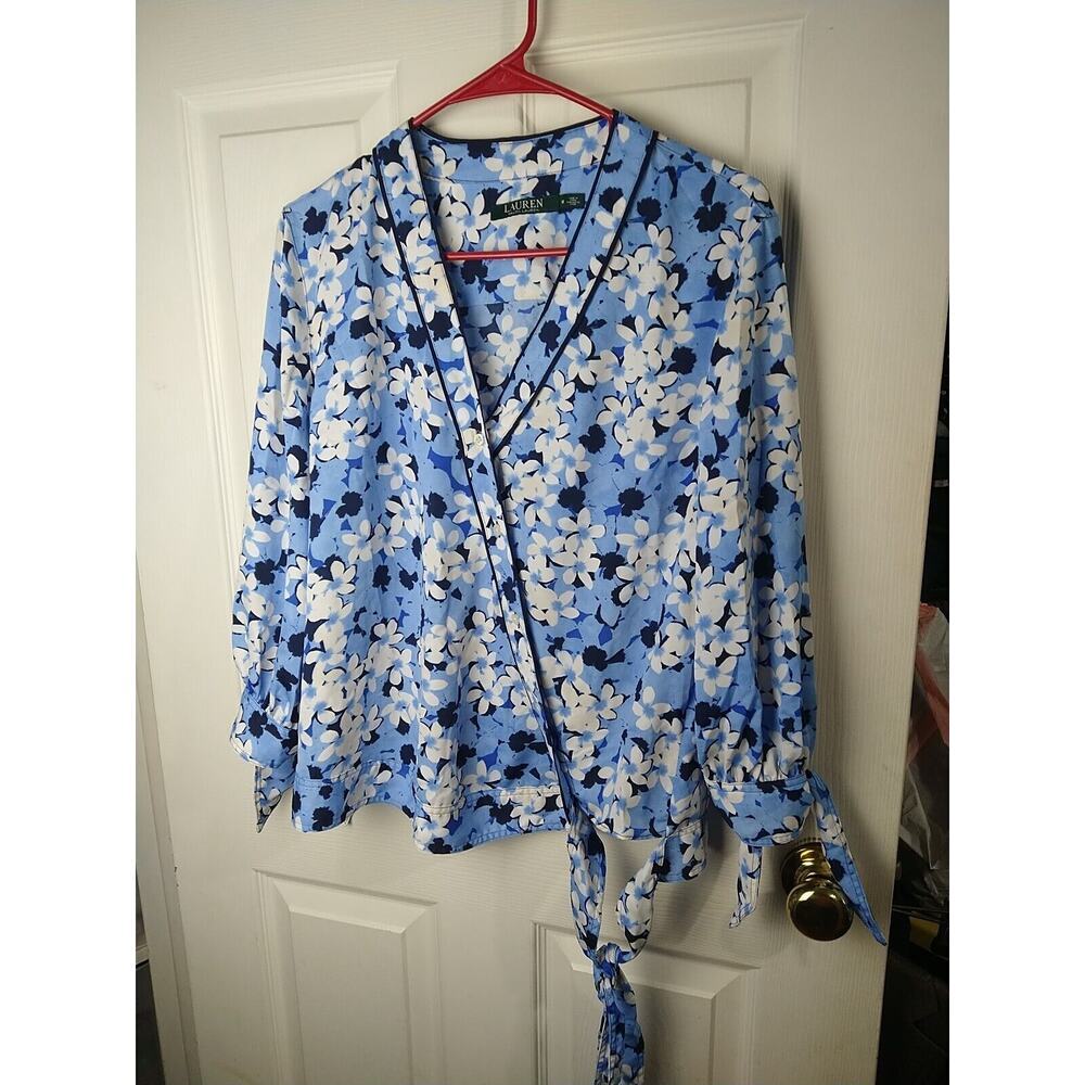 Lauren Ralph Lauren Woman M Blouse Offset Button Blue Floral Tie Sleeve Tie...